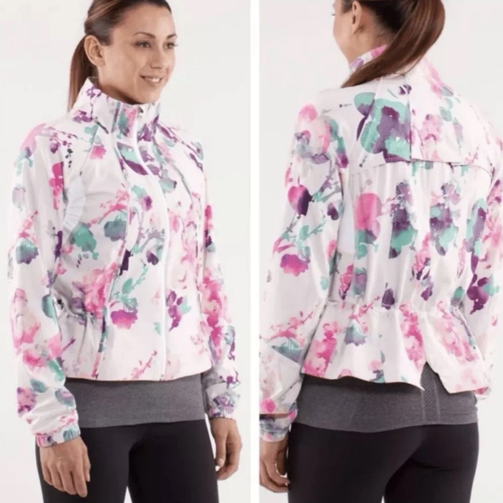 Lululemon 6 Travel To Track Jacket Blurred Blossoms White Zip Up Vented Running